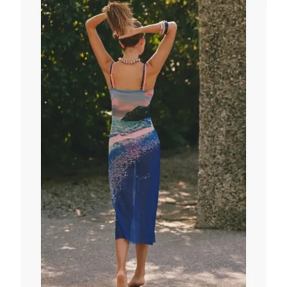 Celandine Printed Mesh Midi Dress Surfs Up Scene Print Small $88 Anthropologie - Picture 4 of 15